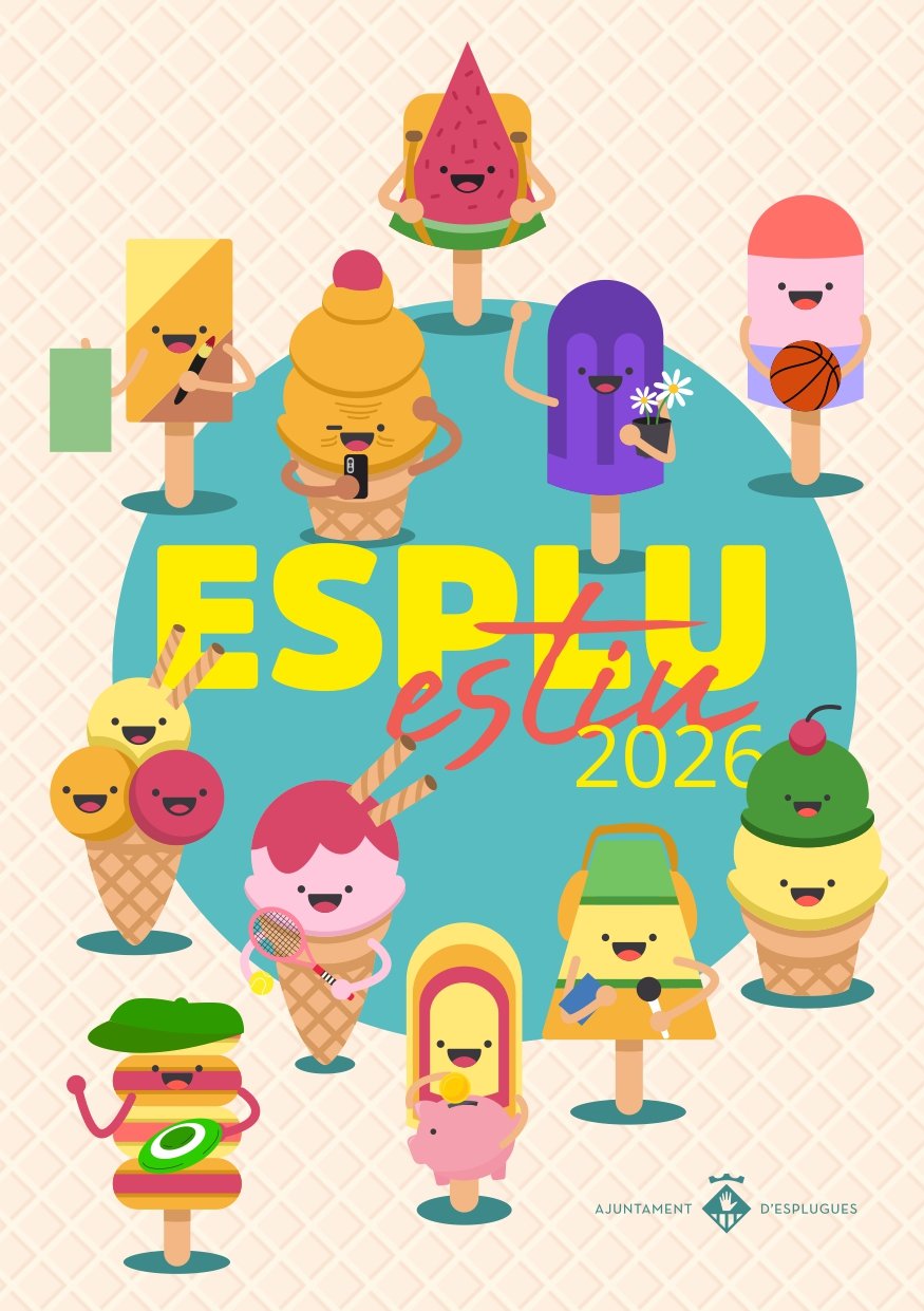 portada del programa de actividades del Espluestiu2026.Aparecen distintas figuras estivales ilustradas: helados, frutas, etc.