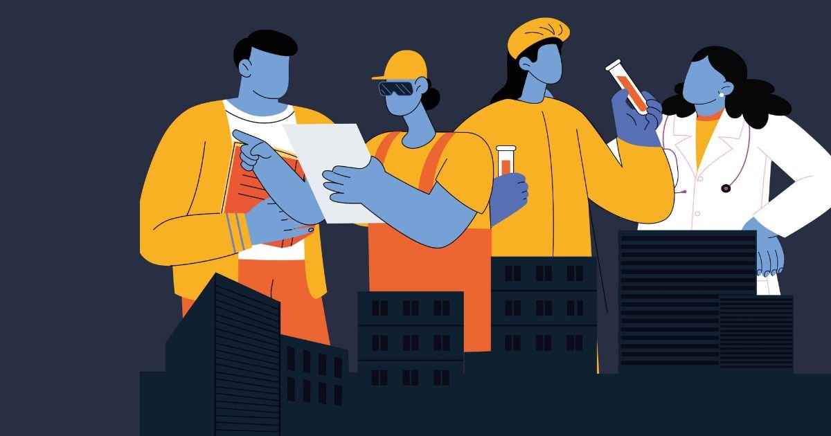 Ilustración de cuatro personas que representan distintos perfiles profesionales: profesor, jefe de obra, científica y médica.Enfrente aparecen edificios.